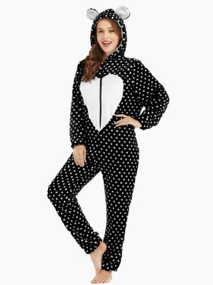 choose&track בגדי נשים Flannel Front Zip Polka Dot Onesie Long Sleeve Animals Pajama Set