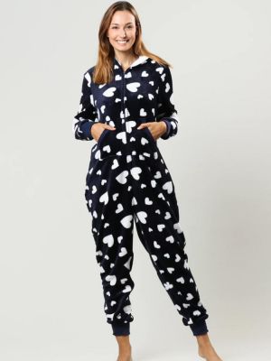 Flannel Heart Printed Front Zip Hoodie Onsie With Pocket Pajama Set