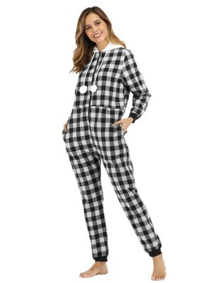 Striped Lattice Hooded Long Sleeve With Pocket Onesie Pajama Set